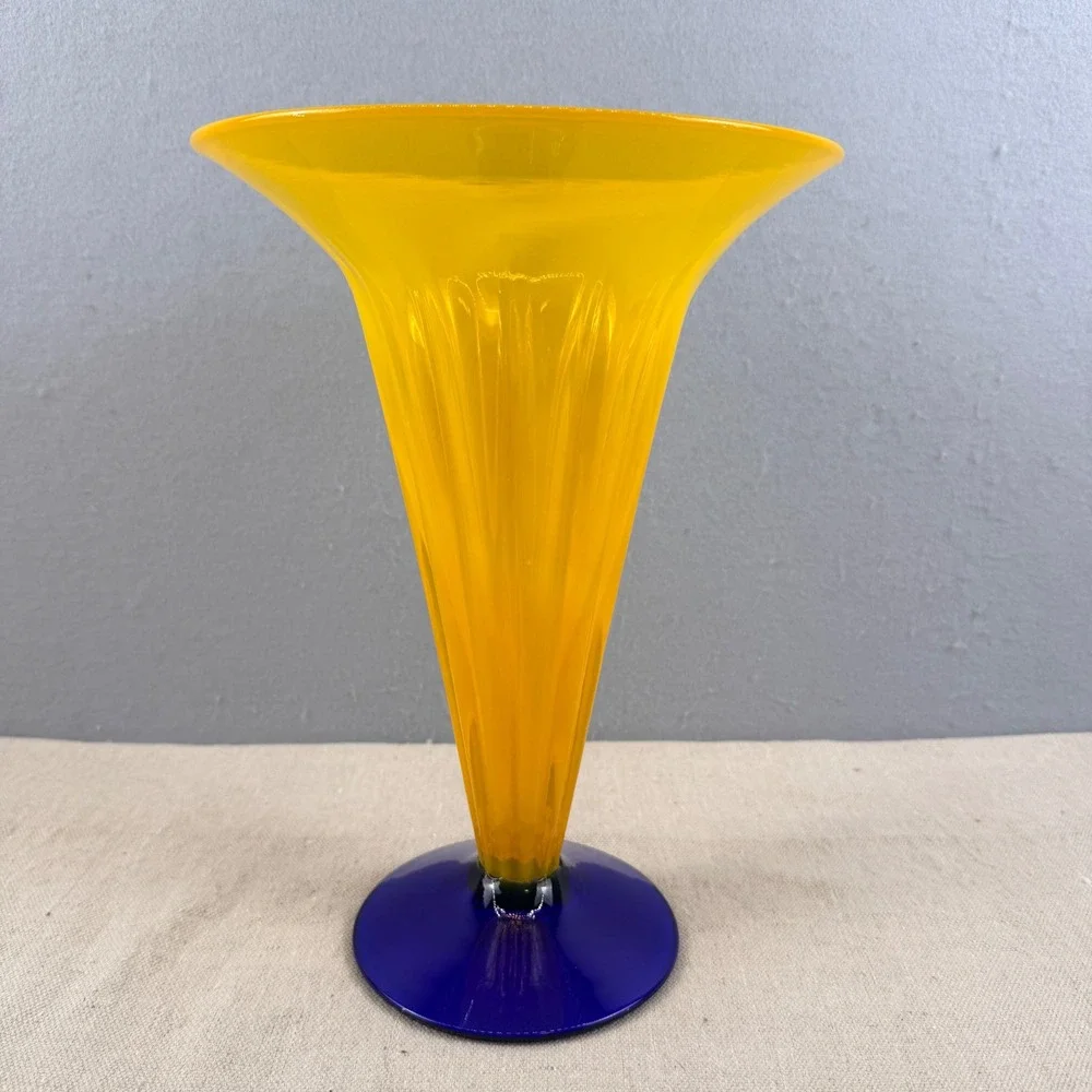 VTG 2001 Signed Richard Blenko Art Glass Trumpet Vase 8721L Yellow Cobalt 11.5